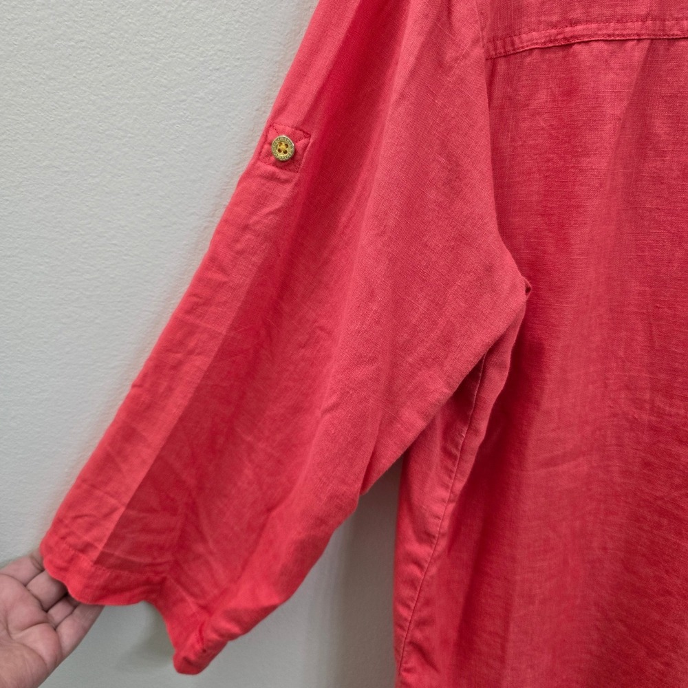 Company Ellen Tracy Coral Pink‎ Linen Half Zip Roll Tab Sleeve Tunic Top Large - Picture 4 of 6